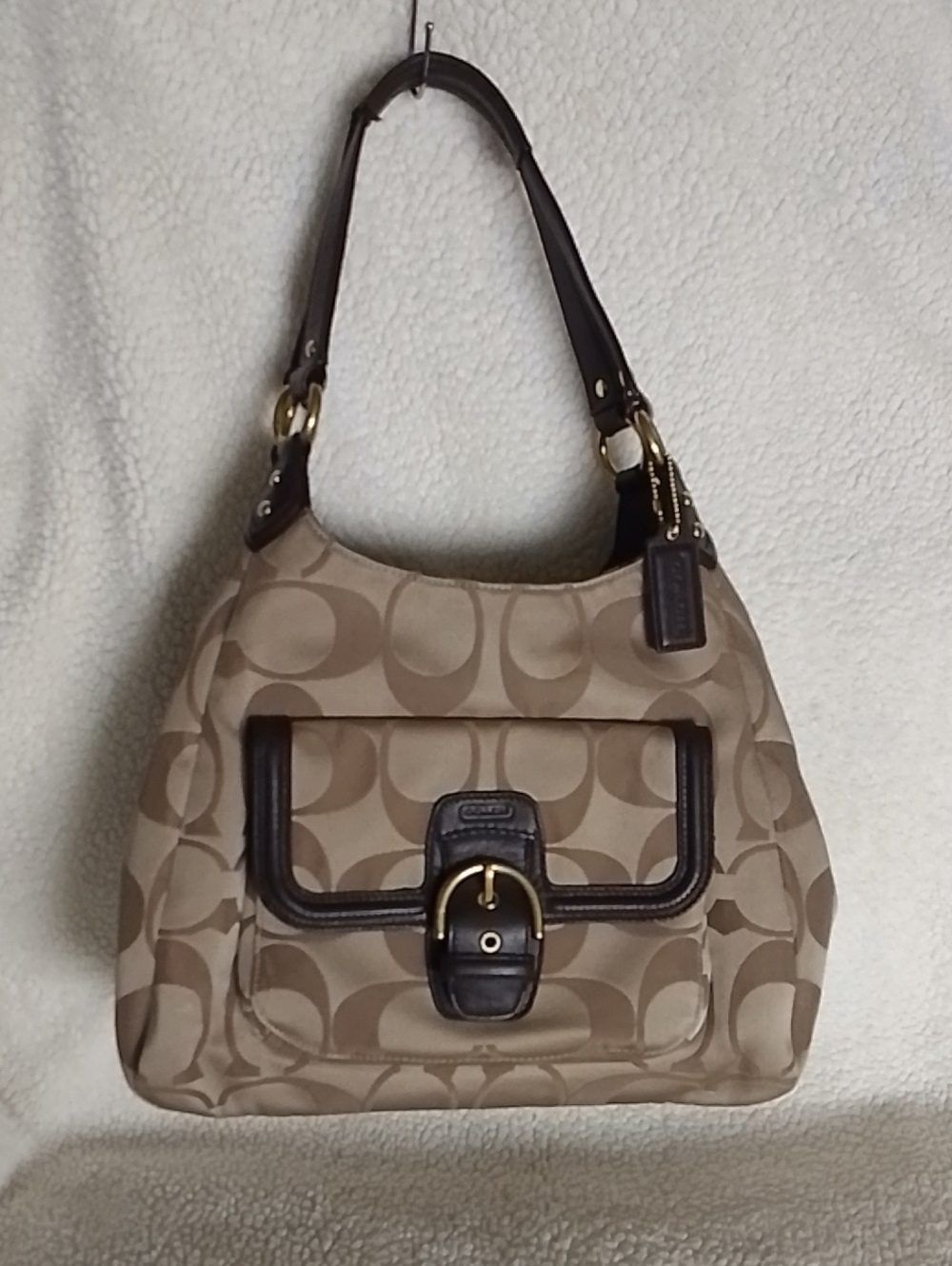 EUC Coach Campbell Signature Logo Canvas Shoulder Bag with Dark Brown Trim